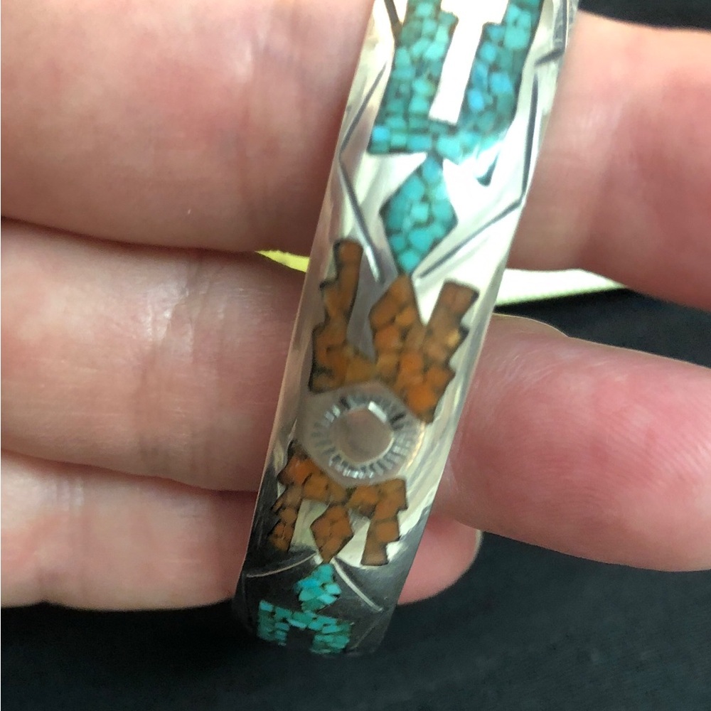 Mother’s Day,Sterling Silver/turquoise/coral cuff bracelet, Signed by theartist. - Picture 11 of 15